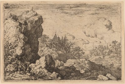 高い岩のふもとにいる 3 人の旅行者 作： Allart van Everdingen