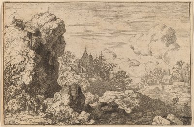 高い岩のふもとにいる 3 人の旅行者、おそらく c. 16451656。 作： Allart van Everdingen
