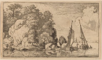 広い川の2つのボート、おそらくc。 16451656。 作： Allart van Everdingen