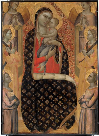 6人の天使に囲まれた荘厳な聖母 アレグレット・ヌジ（1350-1375）の祭壇画。ディム。138 x 99 cm。アヴィニョン、小宮殿美術館 作： Allegretto Nuzi
