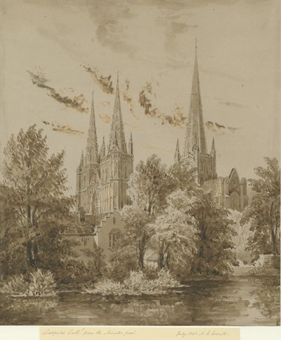 リッチフィールド大聖堂-南西ビュー：セピア画、1842年7月 作： Allen Edward Everitt
