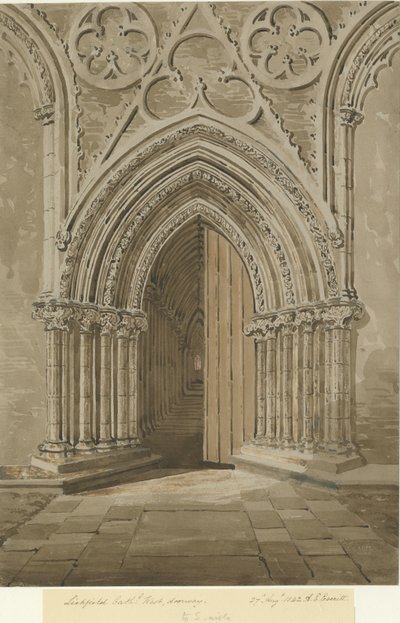 リッチフィールド大聖堂-西の出入り口：1842年8月27日、赤-茶色のセピア画 作： Allen Edward Everitt