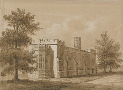 Tixall-Tixall Hallの礼拝堂：レッドセピアウォッシュドローイング、nd [1842年7月] 作： Allen Edward Everitt