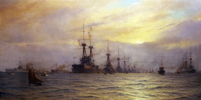 1911年、イギリス（英国）国王ジョージ5世（1865年～1936年）の戴冠式の閲兵式に艦隊が到着した様子 作： Alma Claude Burlton Cull