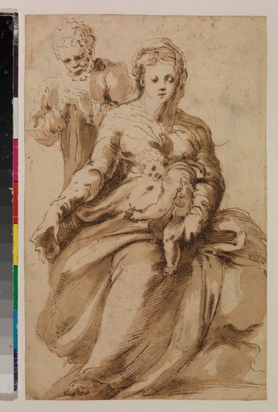 Holy Family (recto) c.1537 (黒いチョーク、ペンと茶色のインク、敷設された紙に茶色のウォッシュの痕跡) [5948316 を参照] 作： Alonso (workshop of) Berruguete
