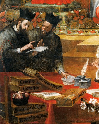 2 人のイエズス会士の間の話し合い、アロンソ アントニオ ヴィラモール (1661-1729) による、教皇グレゴリウス 9 世の顧問であるペナフォートの聖レイモンドからの詳細。 スペイン、サラマンカの聖スティーブン修道院出身。 作： Alonso Antonio Villamor
