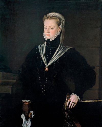 オーストリア大公ジョアンナの肖像 (1535-1573)、ポルトガル王女 - アロンソ・サンチェス・コエロ (1531-1588) 作、キャンバスに油彩、1557年頃 (116x93.5 cm) - オーストリア大公ジョアンナの肖像 (1535-1573) ）、ポルトガルの王女、油彩 作： Alonso Sánchez Coello