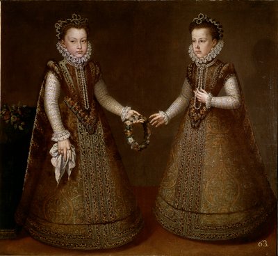 スペイン王フィリップ2世（1527-1598）の娘、イザベラとカトリーヌの肖像 アロンソ・サンチェス・コエロ（サンチェス・コエロ）（1531年頃～1588年）の絵画 1570年頃 マドリッド、プラド美術館 作： Alonso Sánchez Coello