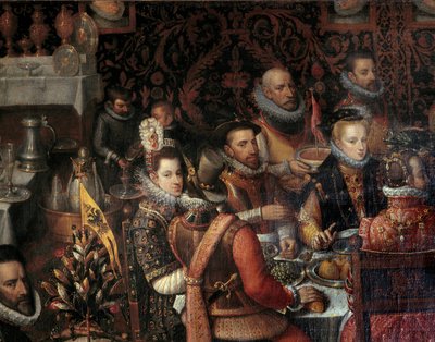 オーストリア家の君主たちの宴 詳細 右側にはスペインのフィリップ2世（1527-1598）の妻であるアンネ・オブ・オーストリア（1549-1580）が、左側にはインファンテのイザベラ・クララ・エウジェニア（1566-1633）が描かれています。アロンソ・サンチによる絵画 作： Alonso Sánchez Coello