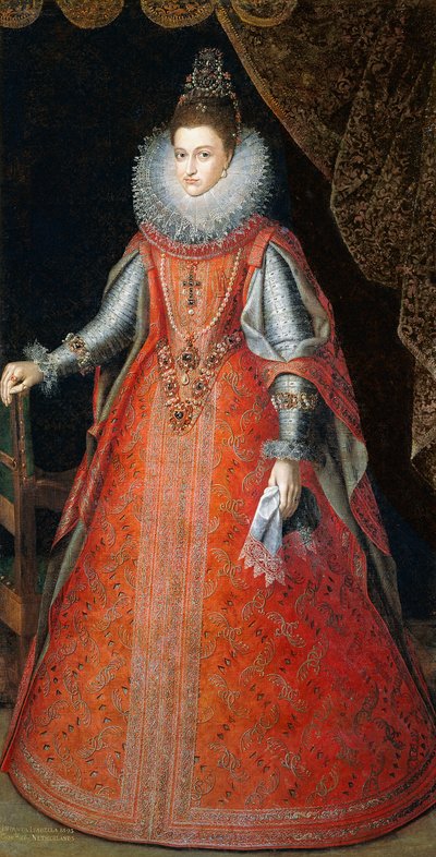 インファンタイザベラユージニアの肖像画。錦織のドレスを身に着けてフルレングスで立っていた、1593年 作： Alonso Sánchez Coello