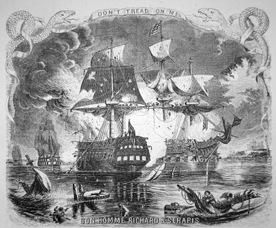 1779年9月23日、ボノム・リシャール号の指揮官ジョン・ポール・ジョーンズがHMSセラピス号を撃破（リトグラフ 作： Alonzo (after) Chappel