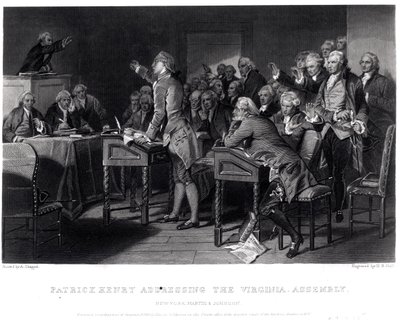 ヘンリーブライアンホール（1808-84）によって刻まれた1775年3月、バージニア州議会で演説したパトリックヘンリー、1856年 作： Alonzo Chappel