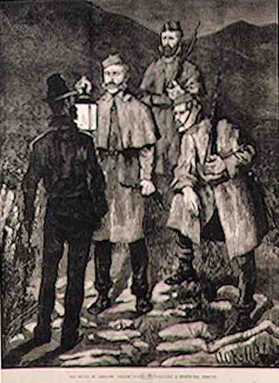 1881年6月8日、イラストレイテッド・ロンドン・ニュースより、アイルランドの州：容疑者に挑む警察パトロール 作： Aloysius C. OKelly