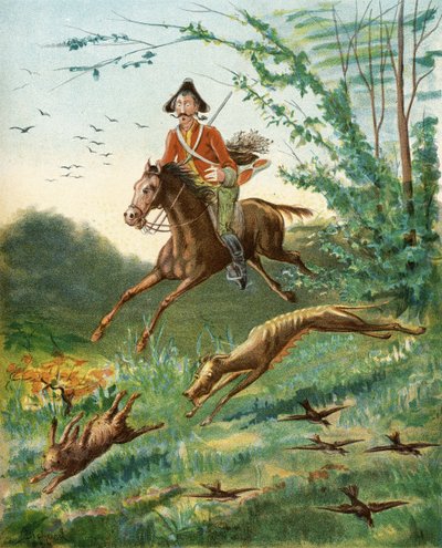 ルドルフ・エーリッヒ・ラスペ（1736-94）による「バロン・ムンクハウゼンの冒険」からの、8本足のノウサギの逸話、c.1886（カラー・リソ）を公開 作： Alphonse Adolphe Bichard