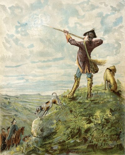 ミュンヒハウゼン男爵はカリフォルニアで素晴らしい射撃手を見つけた。1886年頃に出版されたルドルフ・エーリッヒ・ラスプ（1736-94）の「ミュンヒハウゼン男爵の冒険」より（カラーリトグラフ版 作： Alphonse Adolphe Bichard