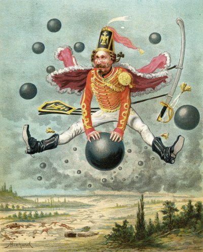 ミュンヒハウゼン男爵がティンプーとの戦いで大砲に乗っている様子。1886年頃に出版されたルドルフ・エーリッヒ・ラスプ（1736-94）の「ミュンヒハウゼン男爵の冒険」より（カラーリトグラフ版 作： Alphonse Adolphe Bichard