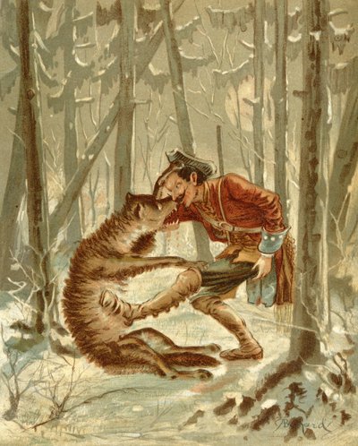 ミュンヒハウゼン男爵のオオカミとの出会い（ルドルフ・エーリッヒ・ラスプ（1736-94）著『ミュンヒハウゼン男爵の冒険』より）1886年頃発行（カラーリトグラフ 作： Alphonse Adolphe Bichard