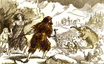 先史時代-マンモス狩り氷河期：自然創造と生物。A.デマール作画。1885 作： Alphonse Demarle