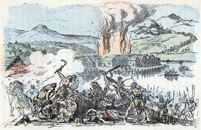 先史時代: 鉄器時代初期の戦争の場面、高床式住居 (高床式の家屋) 集落の火事 レンゲード作「“La nature et l