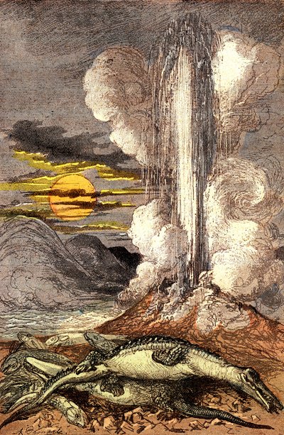 三畳紀における熱水の静脈性噴出。天地創造と生物（ジュール・レンガード作）。A.デマール作画。1885 作： Alphonse Demarle