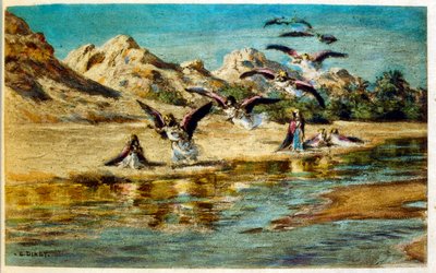 アラブの生活風景「蜃気楼」よりディネによるイラスト。1906.Mirages, Scenes De La Vie Arab』はエティエンヌ・ディネの挿絵、シルマン・ベン・イブラヒム・バマーの解説。ナスレディーヌ・ディネはアルフォンス＝エティエンヌ・ディネ（1861-1929）として生まれた。 作： アルフォンス・エティエンヌ・ディネ