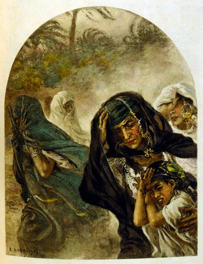 アラブの生活風景「蜃気楼」よりディネによるイラスト。1906.Mirages, Scenes De La Vie Arab』はエティエンヌ・ディネの挿絵、シルマン・ベン・イブラヒム・バマーの解説。ナスレディーヌ・ディネはアルフォンス＝エティエンヌ・ディネ（1861-1929）として生まれた。 作： Alphonse Etienne Dinet