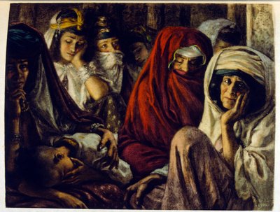 アラブの生活風景「蜃気楼」よりディネによるイラスト。1906.Mirages, Scenes De La Vie Arab』はエティエンヌ・ディネの挿絵、シルマン・ベン・イブラヒム・バマーの解説。ナスレディーヌ・ディネはアルフォンス＝エティエンヌ・ディネ（1861-1929）として生まれた。 作： Alphonse Etienne Dinet