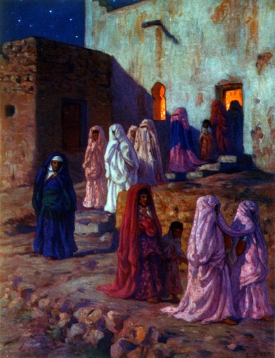 Kuvitus musliminaisista, jotka juhlivat "Mawlidia" (profeetan syntymä). islamilaisen profeetta Muhammedin syntymäpäivän viettoon. Kirjailija: Nasreddine Dinet (Alphonse-Étienne Dinet). 1861 1929. ranskalainen orientalistinen taidemaalari. 1918. 作： Alphonse Etienne Dinet