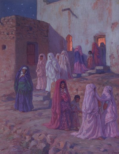 ムールドの前夜に村のモスクを去るイスラム教徒、1918年にパリで出版された預言者ムハンマドの生涯の歴史のイラスト 作： Alphonse Etienne Dinet