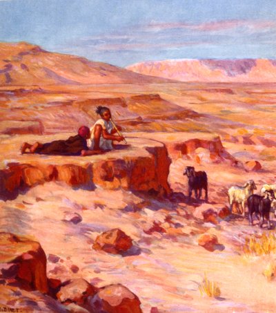 kaksi arabien nomadilasta soittavat huilua katsellessaan vuohia autiomaassa. kirjoittanut Nasreddine Dinet (Alphonse-Étienne Dinet). 1861 1929. ranskalainen orientalistinen taidemaalari 1918 作： Alphonse Etienne Dinet