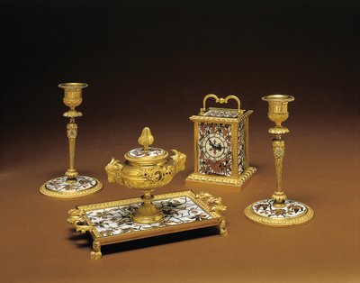 ナポレオン3世の4ピースデスクセット、DuvinageとHarinckoukによる寄木細工、1877年頃 作： Alphonse Gustave Giroux