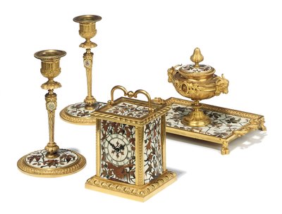 ナポレオン3世の4ピースデスクセット、DuvinageとHarinckoukによる寄木細工、1877年頃 作： Alphonse Gustave Giroux
