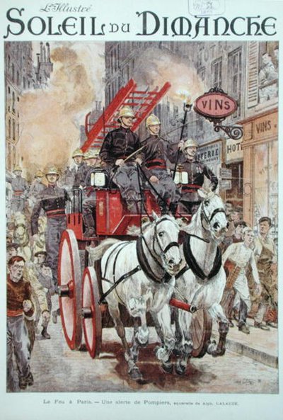 1899年12月3日発行の「Le Soleil du Dimanche」の表紙に掲載されたパリの火災警報に対応する消防士（カラーリトグラフ版） 作： Alphonse Lalauze