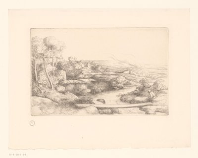 川の上の板のある風景 ラ・パスレール 作： Alphonse Legros (attributed to)