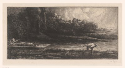 はしけのある風景 ルバック 作： Alphonse Legros (signed by artist)