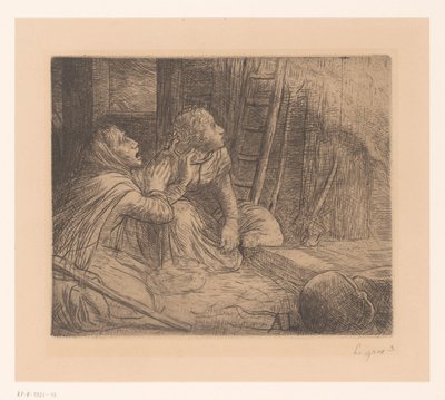 ひざまずいて見上げる 2 人の女性 作： Alphonse Legros (signed by artist)