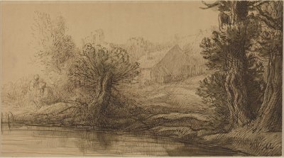 川のほとり（ボール紙、ペン、茶インク、茶ウォッシュ） 作： Alphonse Legros
