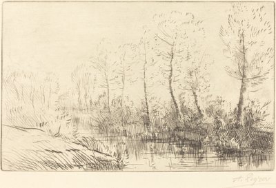 白樺の木: 朝の光に映る水辺 作： Alphonse Legros