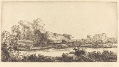 夕日に映える川沿いの農場 作： Alphonse Legros