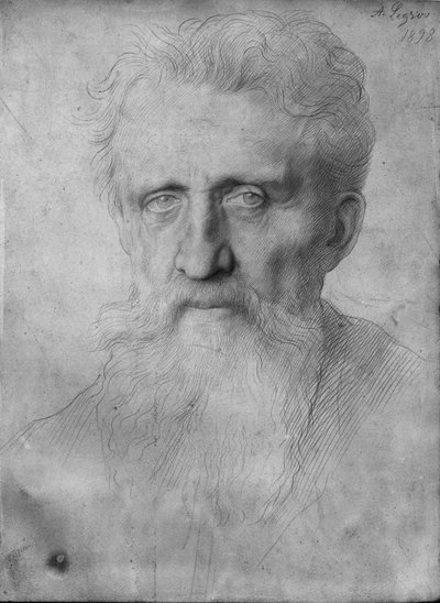 長いひげを持つ男の頭、1898年（白い段ボールにシルバーポイント） 作： Alphonse Legros