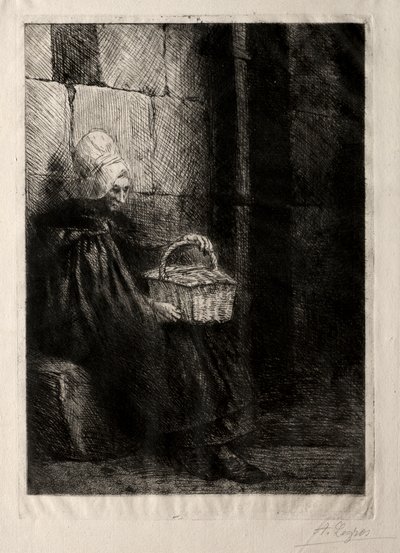 バスケットを持つ女性と呼ばれるブローニュ近郊の風景 作： Alphonse Legros