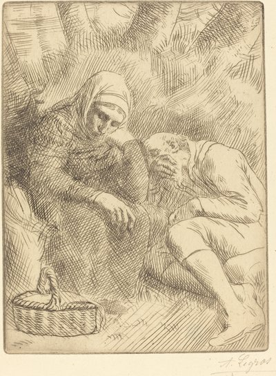 バスケットを持って道端に座る男女 Homme et femme assis au bord... 作： Alphonse Legros