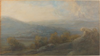 右側に 2 つの人物がいる山の風景 作： Alphonse Legros