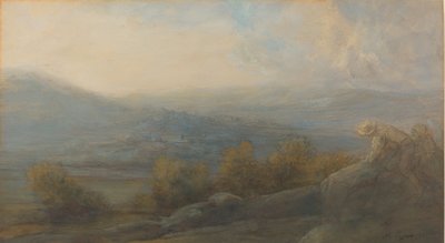 右側に 2 人の人物がいる山の風景、1905 年。 作： Alphonse Legros