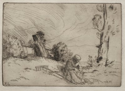 生け垣の近くに座っている農民の女性 作： Alphonse Legros