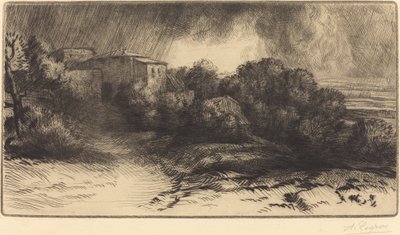 嵐の中で見られる農場の眺め La ferme de Brieux 嵐の効果。 作： Alphonse Legros
