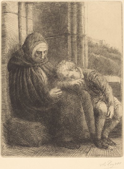 壁に向かって座る女性、膝に頭を抱える子供 作： Alphonse Legros