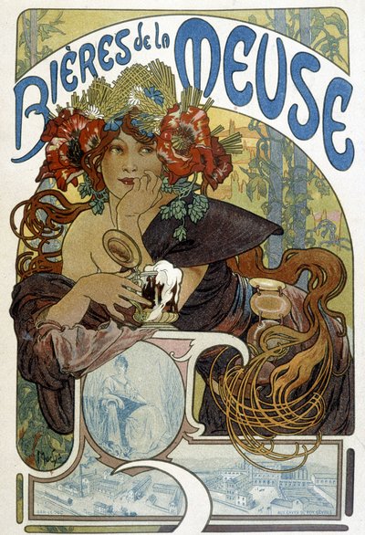 ムーズのビールの広告。ミュシャのイラスト（チェコの画家、ポスターデザイナー 作： Alphonse Mucha