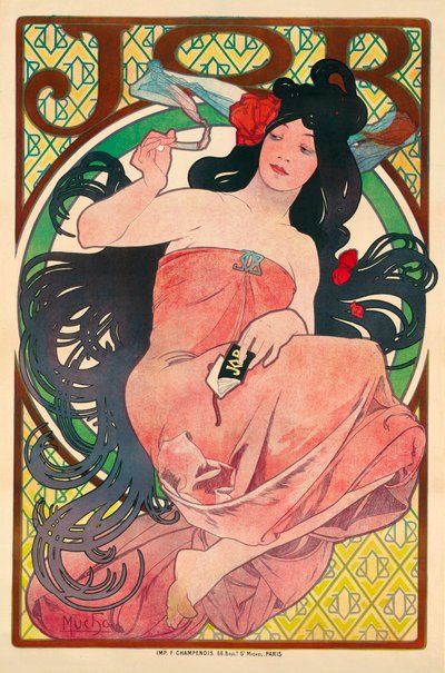 Affiche publicitaire pour le papier a cigarette Job - ティッシュ ペーパーの広告ポスター 仕事 - ミュシャ作、アルフォンス (アルフォンス) マリー (1860-1939)、カラー リトグラフ 1896 (51,5x39 cm) - 個人蔵 作： Alphonse Marie Mucha