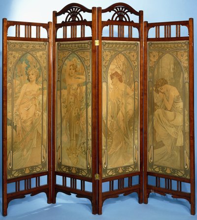 アールヌーボー様式のスクリーン、「Les Heures du Jour」シリーズで装飾されたパネル。 作： Alphonse Mucha